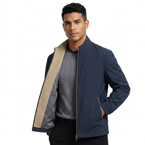 <b>Men's</b> <b>Navy</b> Blue Stand Collar <b>Quilted</b> <b>Jacket</b> Windproof Zipper Solid Color Smart Casual Autumn Wear Eco-Friendly Front Polyester - Product Image 4