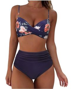 Conjunto de bikini de dos piezas para mujer, top halter cruzado, parte inferior de cintura alta, traje de baño elástico de color sólido - Product Image 3