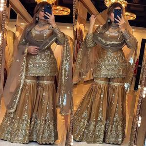 ชุดเซ็ตเสื้อผ้าปักลายอินเดียสำเร็จรูปพร้อมส่ง ขายส่ง ผ้าไหม ชุดชารารา การารา คุรติ ดีไซน์เนอร์ปากีสถาน สำหรับงานปาร์ตี้ ขายดีที่สุด - Product Image 4