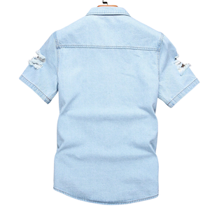 Mens Light Wash <b>Distressed</b> Denim Shirt Short Sleeve Button Down Casual Jean Shirt Two Pocket Summer Streetwear <b>Top</b> Fit - Product Image 2