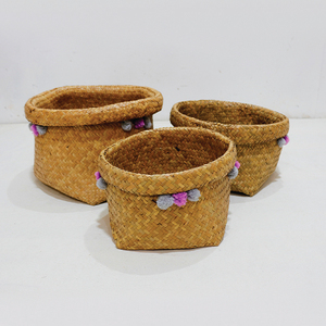 Cesta de Almacenamiento Circular de Hoja de Palma, Diseño Nuevo y Duradero, con Pompones Tejidos, Organizador de Artículos para Escritorio - Product Image 2