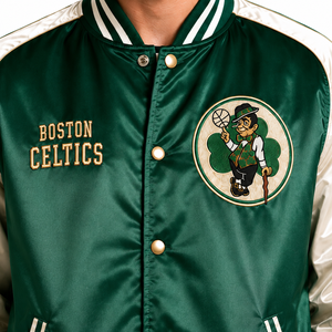 Veste de sport en satin personnalisée, couleur équipe de basket de Boston, vert crème, logo brodé sur mesure, vêtements de sport OEM, vente en gros - Product Image 5