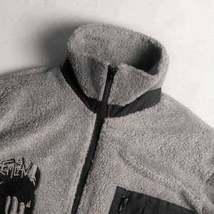 Men Techwear Grey Sherpa Fleece <b>Jacket</b> Tactical Streetwear Hip Hop Skull Graphic Embroidery Oversized Cyberpunk Winter Outwear - Product Image 5