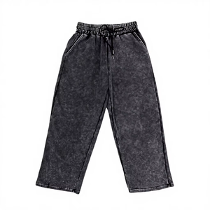 Loose Formal Men's High Waist Heavyweight Elastic Waist Anti-Wrinkle Pleated Front Acid Wash Dark Gray 100% Cotton Sweatpants - Product Image 1