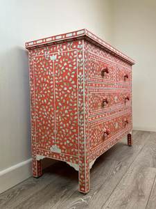 Mother of Pearl Inlay <b>Chest</b> of Drawers Handmade Handmade Red White Floral Inlay Antique Style Bedroom <b>Storage</b> Cabinet - Product Image 2