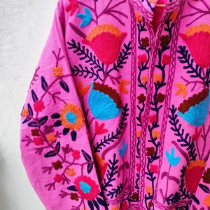 Handcrafted Pink Velvet Suzani Embroidery Woven <b>Quilted</b> Eco-Friendly Jacket Festive Winter Wear Premium Breathable Boho Kimono - Product Image 4