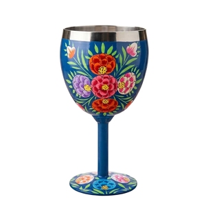 Hand Painted Red Floral Stainless Steel <b>Wine</b> <b>Goblet</b> Shatterproof Barware Glass - Product Image 2