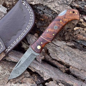 Hand Forged Damascus Steel <b>Folding</b> Blade <b>Knife</b> Rosewood Handle Leather Sheath Pocket EDC Hunting Camping <b>Knife</b> - Product Image 1