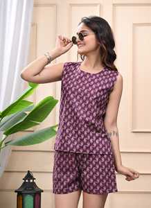 Ensemble deux pièces pour femmes, imprimé ethnique violet, haut sans manches en coton avec short décontracté, tenue décontractée - Product Image 2