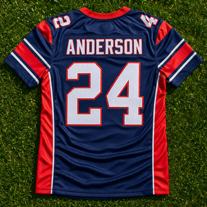 เสื้อฟุตบอลอเมริกันแบบกำหนดเองสำหรับทีมและลีก ผ้าโพลีเอสเตอร์แห้งเร็ว ระบายอากาศได้ดี พิมพ์ลายชื่อและหมายเลขผู้เล่นแบบซับลิเมชั่น - Product Image 2