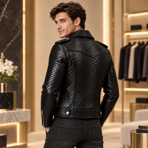 Mens Black Snake-Embossed Genuine Leather Breathable Vintage Moto <b>Biker</b> <b>Jacket</b> - Product Image 3