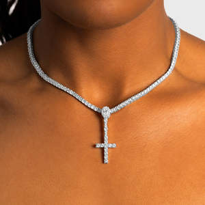 Luxury <b>Iced</b> <b>Out</b> Cross Drop Pendant Necklace | White Gold Christian Cross Necklace | Hip Hop Tennis <b>Chain</b> Jewelry - Product Image 1