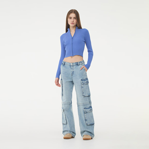 Pantalones Cargo de Mezclilla Azul Claro de Cintura Alta para Mujer, Corte Holgado, con Múltiples Bolsillos, Estilo Casual, para Primavera - Product Image 1