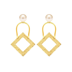 Classic Vintage Charm Earrings-Yellow Gold Square Danglers with Pearl - Product Image 3