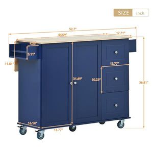 52.7 pollici blu scuro in legno massello Mobile di laminazione superiore da cucina a isola carrello con foglia di goccia e armadio di stoccaggio per ruote di bloccaggio - Product Image 5