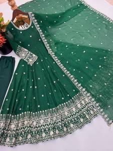 <b>Green</b> <b>Silk</b> Gown Floor Length Traditional Indian Women's Wedding Wear Regular Fit Wrinkle Free All Seasons - Product Image 5