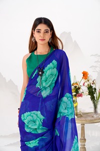 Sari indien traditionnel ethnique décontracté en mousseline de soie à imprimé floral pour un usage quotidien et des occasions festives pour femmes, tenue élégante et tendance - Product Image 3