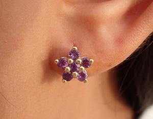 Amethyst Flower <b>Stud</b> Earrings 925 Sterling <b>Silver</b> 14K Gold Plated February Birthstone Gift For Women Under 100 - Product Image 2