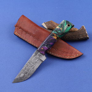 Cuchillo de caza OEM personalizado con hoja fija de acero 12C27 grabado al ácido, punta de gota, mango de resina de grado industrial - Product Image 1