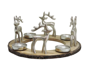 Porte-bougie décoratif en forme de renne argenté avec base en bois, centre de table de Noël, décoration de fête - Product Image 1
