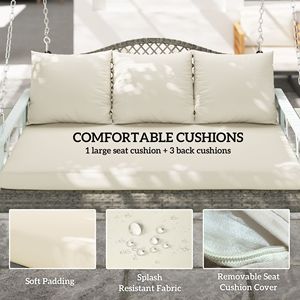 Sedia a dondolo sospesa a forma di uovo in vimini naturale per 3 persone, per patio esterno, veranda, con cuscini, catene e portabicchieri - Product Image 6