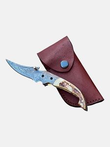 Couteau pliant de chasse fait main avec manche style cerf, bouton-pression et étui en cuir – Vente en gros A&M ENTERPRISES - Product Image 1