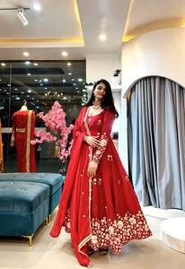 <b>Red</b> Embroidered Floor-Length Anarkali Suit Women Traditional Indian Pakistani Wedding Wear Loose Fit Polyester Dress - Product Image 4