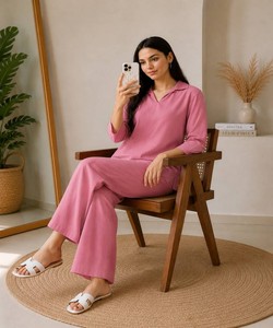 Women Linen Kurta Set Pink Casual Ankle-Length Palazzo Pants India Pakistan Style All Seasons Wear 85212 FVD- KitkatTop-Plazoo - Product Image 2