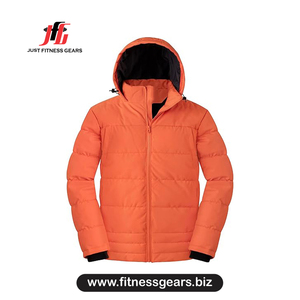 Just Fitness Gears Men's Orange Hooded Puffer Jacket Windproof Winter Casual Zipper Closure Thick Polyester Wadding <b>Coat</b> - Product Image 1