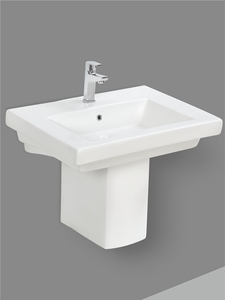 Lavabo mural carré en céramique gain de place, semi-piedestal flottant, finition platine, antirouille, facile à nettoyer - Product Image 1