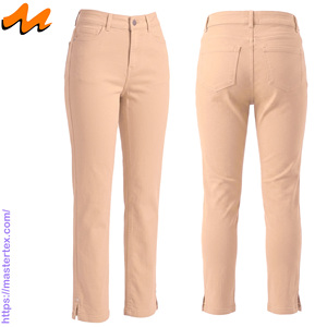 Pantalon décontracté pour femme, coupe régulière, cinq poches, ourlet fendu, tissu respirant, été-printemps, coton élasthanne 6,64 oz - Product Image 1