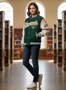 Veste universitaire verte crème pour homme, manches en cuir PU, veste de style campus brodée, streetwear preppy, veste décontractée d'automne - Product Image 5