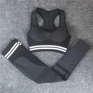 <b>Blue</b> 2 Piece Yoga Set Racerback <b>Crop</b> <b>Top</b> High Waist Leggings Solid Color Ribbed Seamless Breathable Women Workout Wear Custom r - Product Image 4