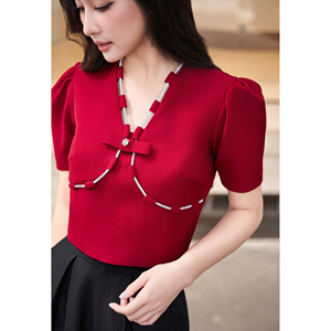 Blusa roja con cuello en V y manga corta para mujer, blusa con mangas abullonadas y detalle de lazo, top corto femenino para fiesta, estilo informal THETIS - Product Image 3