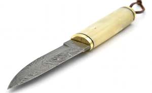 Couteau utilitaire à lame fixe en acier Damas, fabriqué à la main, avec manche en os lisse et poinçon en laiton, outil de découpe - Product Image 3