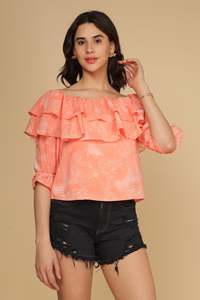 Off-The-Shoulder Ruffle Chiffon Top <b>Tropical</b> Print Short Sleeve Loose Fit Casual Summer Women's Breathable Top - Product Image 4