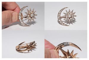 Broche lune en argent 925 plaqué or 14 carats, diamant de laboratoire taille rose, artisanale antique, certifiée, pour mariage, femme et homme - Product Image 2