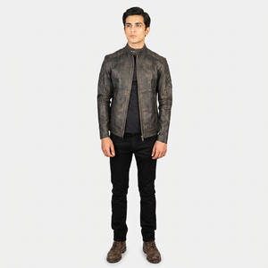 Mans Fernando Quilted Distressed Brown <b>Leather</b> Breathable Vintage Style Biker <b>Jacket</b> Accordion Side Pockets Band Collar for - Product Image 1