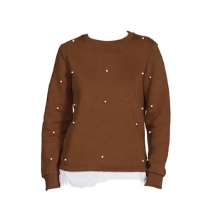 <b>Brown</b> Beaded Sweatshirt Women <b>Long</b> <b>Sleeve</b> Crewneck Pullover Casual Fleece Winter <b>Top</b> Elegant False Two Piece Fake Layered Shirt - Product Image 1