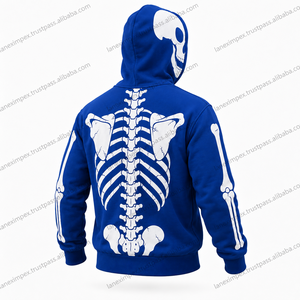 Sudadera con capucha azul gótica para hombre con estampado de calavera, chaqueta con cremallera completa, sudadera con gráfico de huesos, ropa urbana de Halloween, logotipo personalizado impreso - Product Image 3