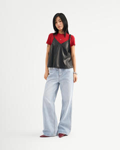 High Quality Women's Casual PU Leather <b>V</b>-<b>neck</b> Nonwoven <b>Cami</b> Tank <b>Top</b> Solid Pattern Regular Fit Breathable Routine Vietnam Back - Product Image 3