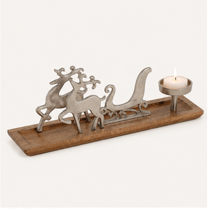 Porte-bougie en métal fait main en forme de renne sur plateau en bois de manguier, support vintage argenté pour bougies chauffe-plat de Noël, pour une décoration festive de la maison - Product Image 5