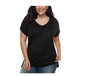 Camiseta Casual Personalizada para Mujer, Talla Grande, Corte Ajustado, Cuello en V, Rayas, Manga Corta, Tela Jersey Ecológica, con Decoración de Logotipo - Product Image 1