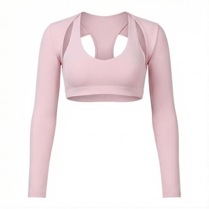 <b>Pink</b> Long Sleeve <b>Crop</b> <b>Top</b> Racerback Scoop Neck Seamless Solid Yoga Wear Women's Sportswear - Product Image 1