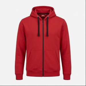 Men's Red Hooded Zip-<b>Up</b> Sweatshirt Regular Fit Solid Color Casual Fleece Hoodie Long Sleeve Autumn Wear - Product Image 1
