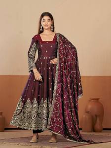 Conjunto de Vestido de Seda con Brillo Intenso y Bordado, con Lentejuelas y Cordones, Dupatta y Pantalón, Estilo Tradicional, Protección Solar, Secado Rápido - Product Image 3