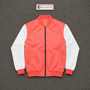 Chaqueta universitaria personalizada de satén rosa coral y blanco para hombre, chaqueta bomber de béisbol de primera calidad con mangas en contraste y cremallera completa - Product Image 5