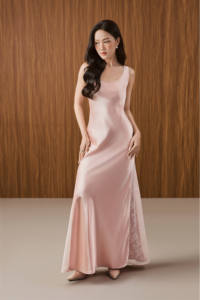 Wholesale Women Dress KD74 Elegant / Evening / Feminine Sleeveless PEARL DREAM Maxi Scoop neck Wide-Strap Silk Slip Dress - Product Image 3