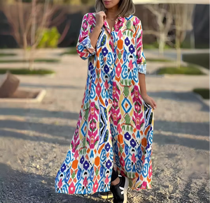 Vestido Camisero Largo para Mujer, con Estampado Digital de Bloques de Color, Ecológico, Lavable, de Manga Larga y Botones - Product Image 6