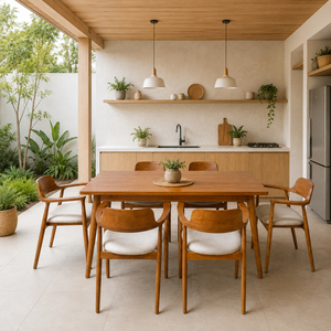 Ensemble de salle à manger Hiroshima en teck massif de qualité supérieure, design scandinave moderne, durable, pour toute la famille, 6 chaises - Product Image 3
